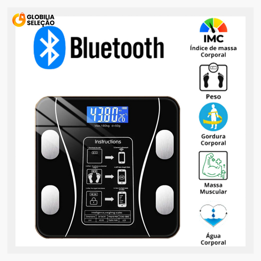 Balança Digital Medidora Corporal Bioimpedância Profissional Bluetooth 180Kg / Pilhas Preto cor Bran