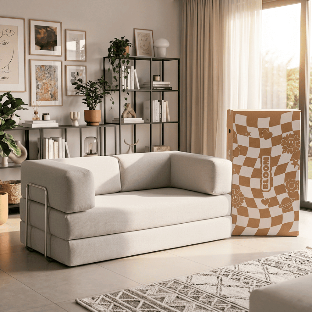Sofá Cama Casal 2 lugares Boucle e Cotele Bloom 1,90m - Com Haste Inox Sofá na Caixa