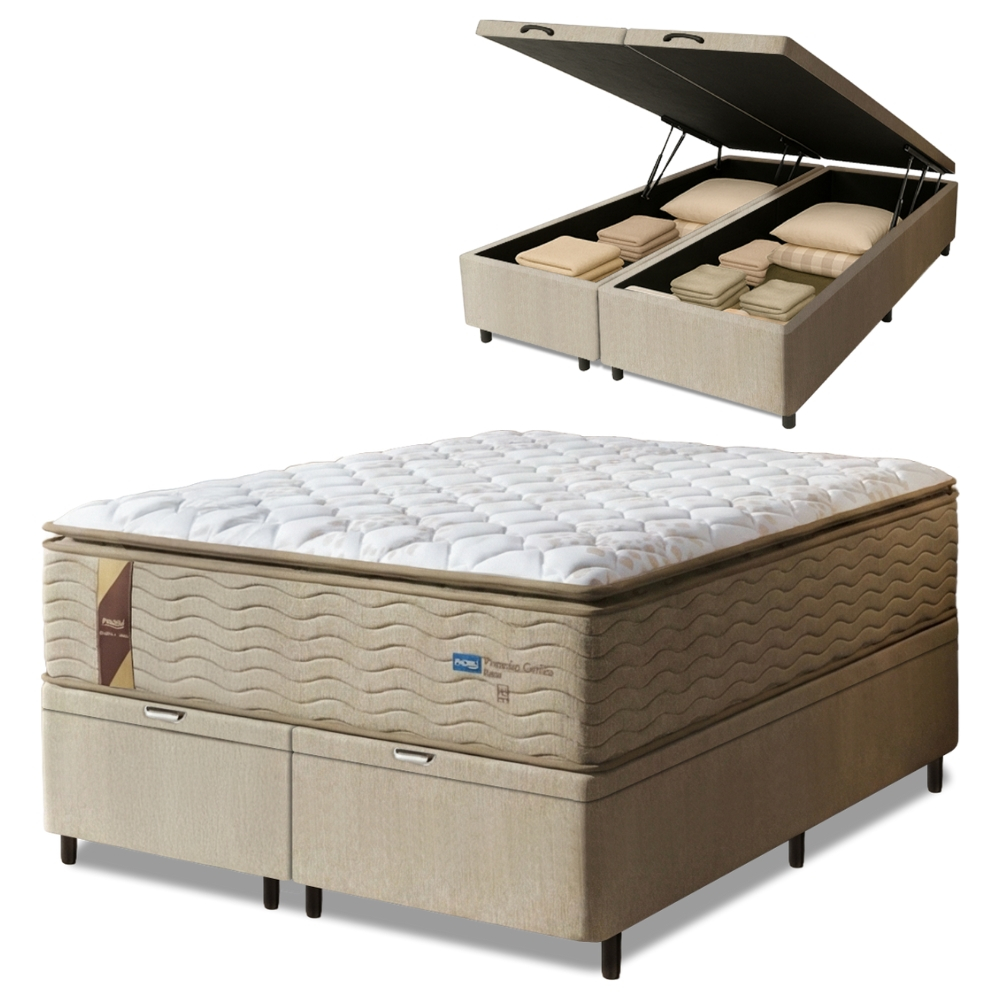 Cama Box Baú Colchão Casal Queen Probel Molas Guarda Costas Max Pillow Top 158x198x81cm Bege/Branco