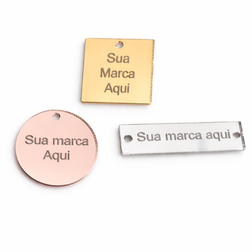 Kit 30 Tag Etiqueta Acrílico Espelhado Personalizada Nome Marca Laser Recorte Furos