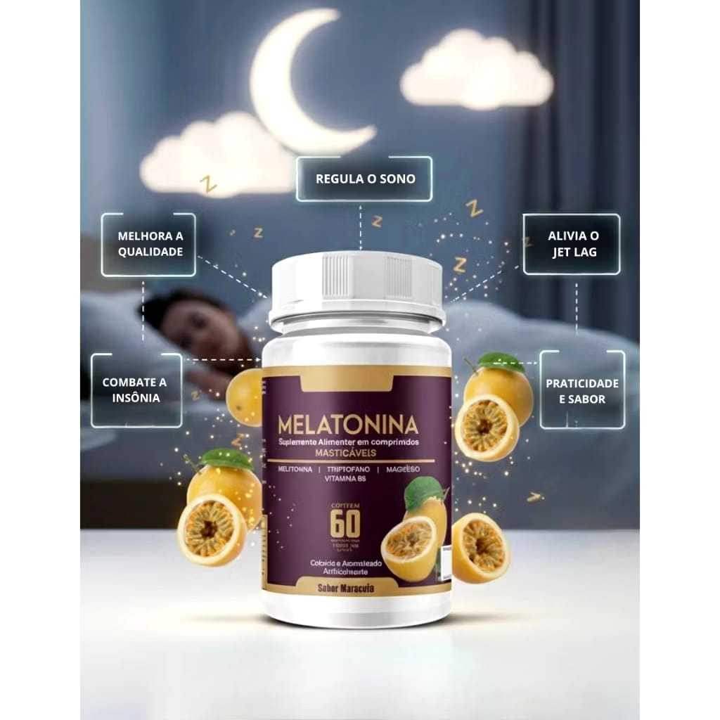 Melatonina com Triptofano 1000mg 60 Comprimidos Maracujá | Suplemento para Sono e Relaxamento