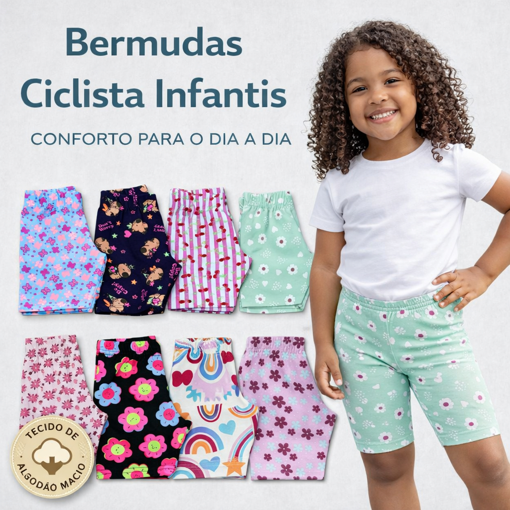KIT 3 SHORTS INFANTIL COTTON MENINA, BERMUDA CICLISTA  - TAMANHOS 1 AO 12