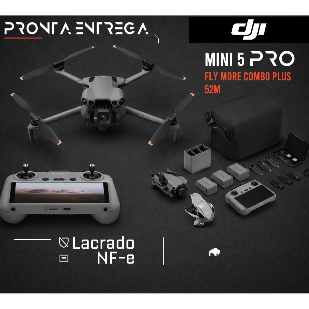 Drone Dji Mini 5 Pro Fly More Combo Plus 52min 3 Baterias, controle com tela, bolsa, filtro ND