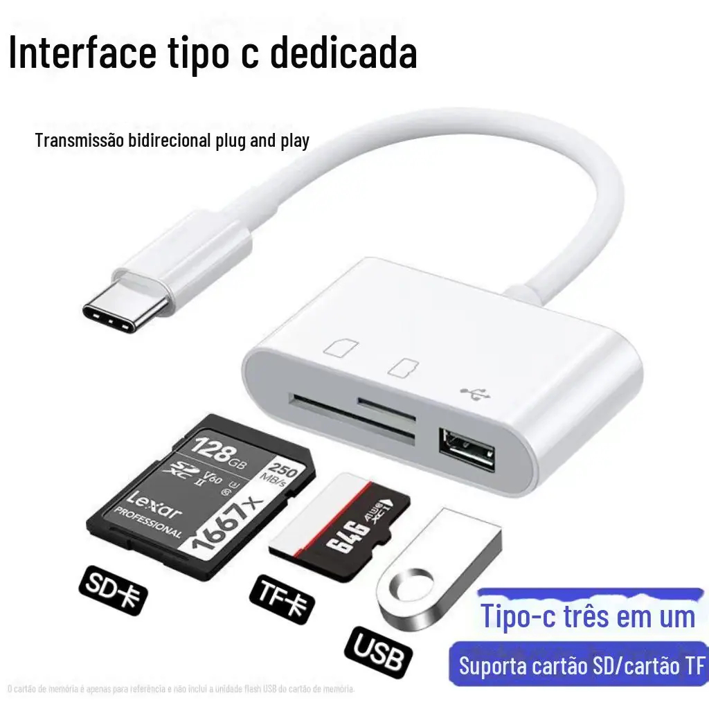 Adaptador leitor cartão de memória 3 em 1, SD, MicroSD e USB Tipo C, TF, OTG, conversor para  Celula
