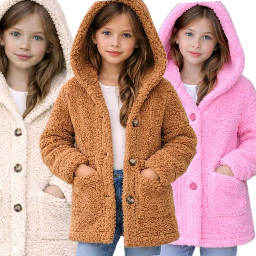 Casaco Infantil Teddy Com Capuz Inverno 2026 | Blusa Peluciada Quentinha Com Bolso e Botões 4 ao 16