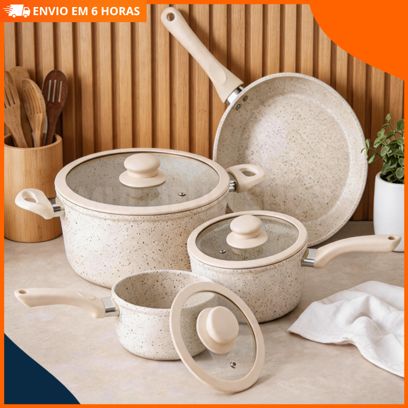 Conjunto Panelas Cerâmica Antiaderente 4 Peças Cabos Toque Amadeirado  Gás Cozinha Completa Saudável