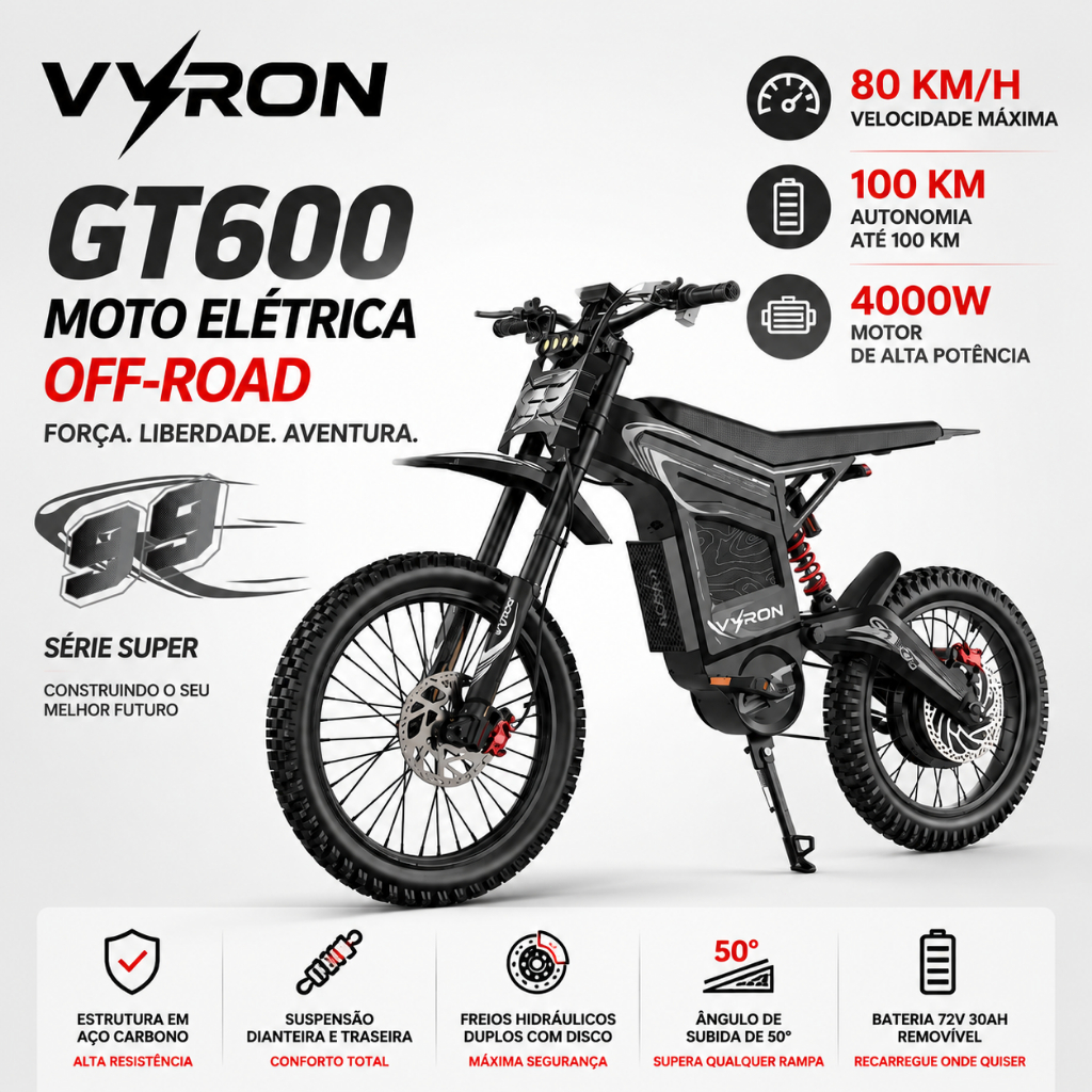 VYRON Moto Elétrica Off Road 4000W Velocidade 80km/h Autonomia até 100km Bateria 72V para Uso Esport