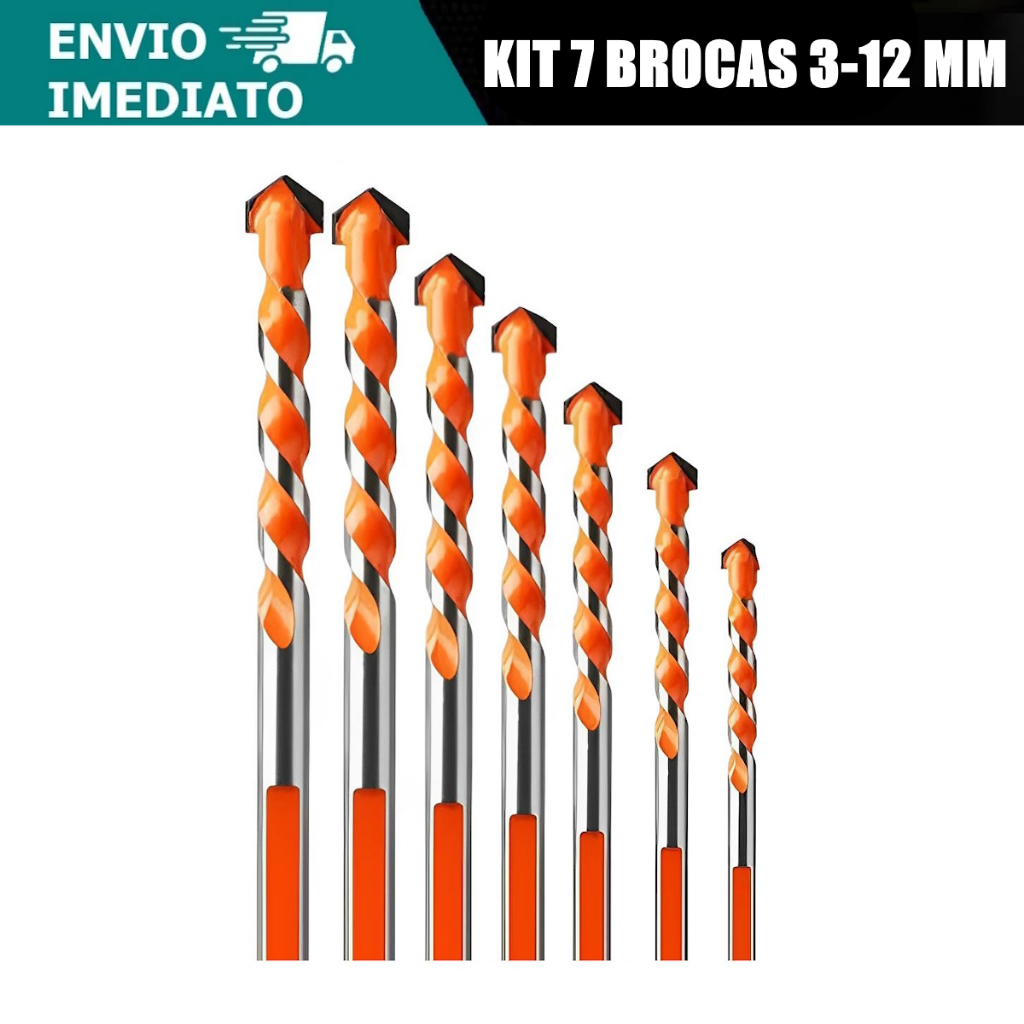 Kit 7 Brocas Profissionais de Tungstênio 3-12mm - Concreto Metal Vidro Cêramica