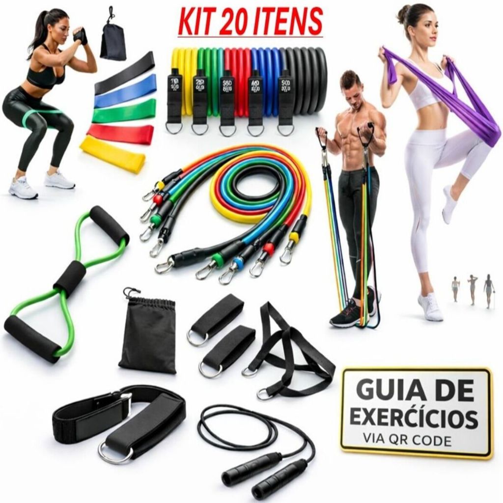 Kit 20 Itens Treino em Casa: Elásticos Extensor + Mini Band + Thera Band + Corda De Pular + Guia de