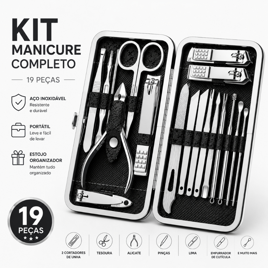 Kit Manicure Completo com Estojo Portátil 12/16/19 Peças Cortador de Unha Alicate Tesoura Pinça
