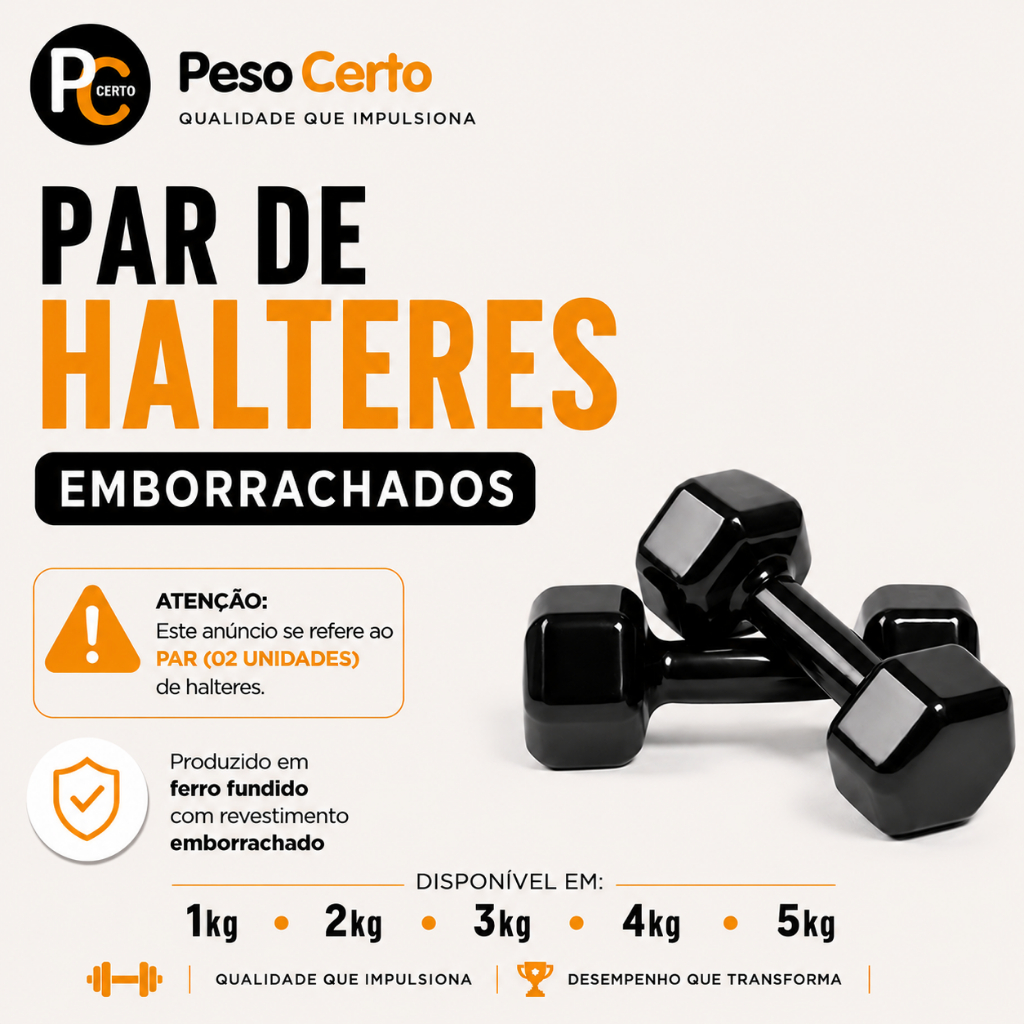 Par Halter Sextavado Emborrachado 1kg ao 5kg - Pesinho Musculação Treino Peso Exercício
