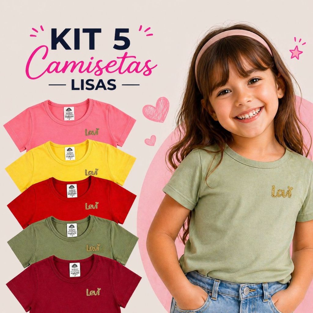 Kit 5 Camisetas Infantil Menina 100% Algodão Básicas Lisas Coloridas Confortáveis Delicadas e Versát