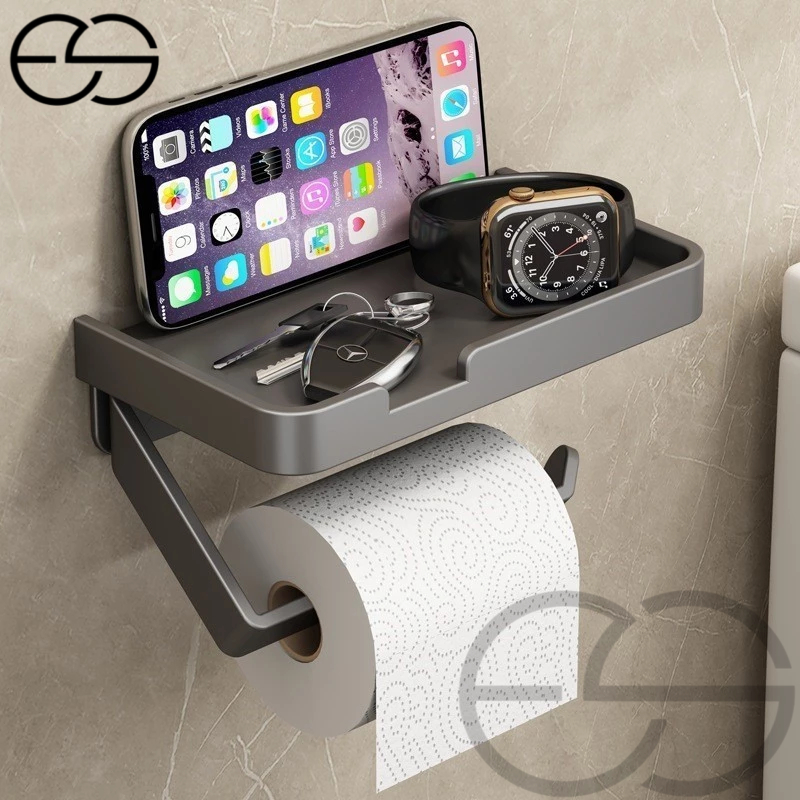 Metal Suporte  Porta Papel Higienico Preto e Suporte para Celular  Com Adesivo  Fixo na Parede Sem F