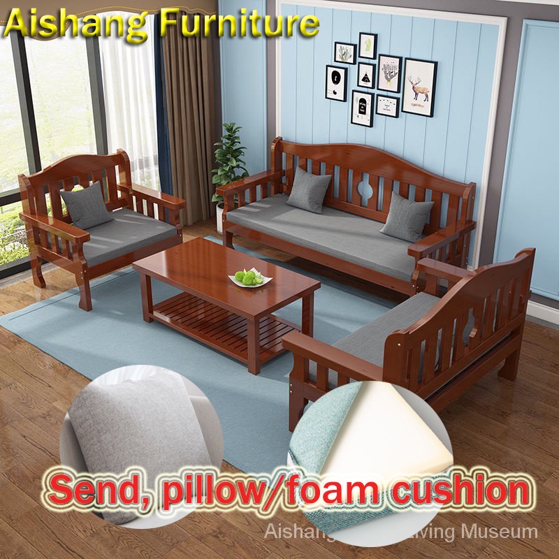 Solid Wood Sofa Combination Small Apartment Simple Leisure Living Room Bedroom Balcony New Chinese Style 2 seater Sofa Backrest Bench