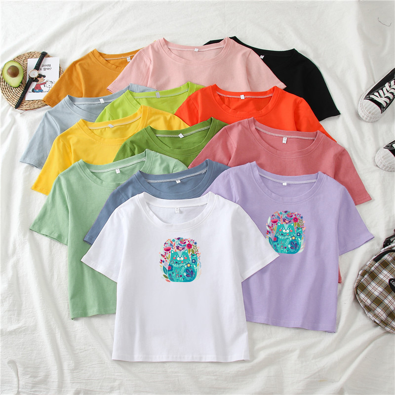 korea fashion croptop short sleeve tshirt round neck cat pattern summer  tee many colors