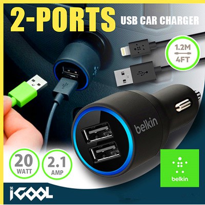 Belkin Dual Port Car Charger With Lightning To Usb Cable Shopee