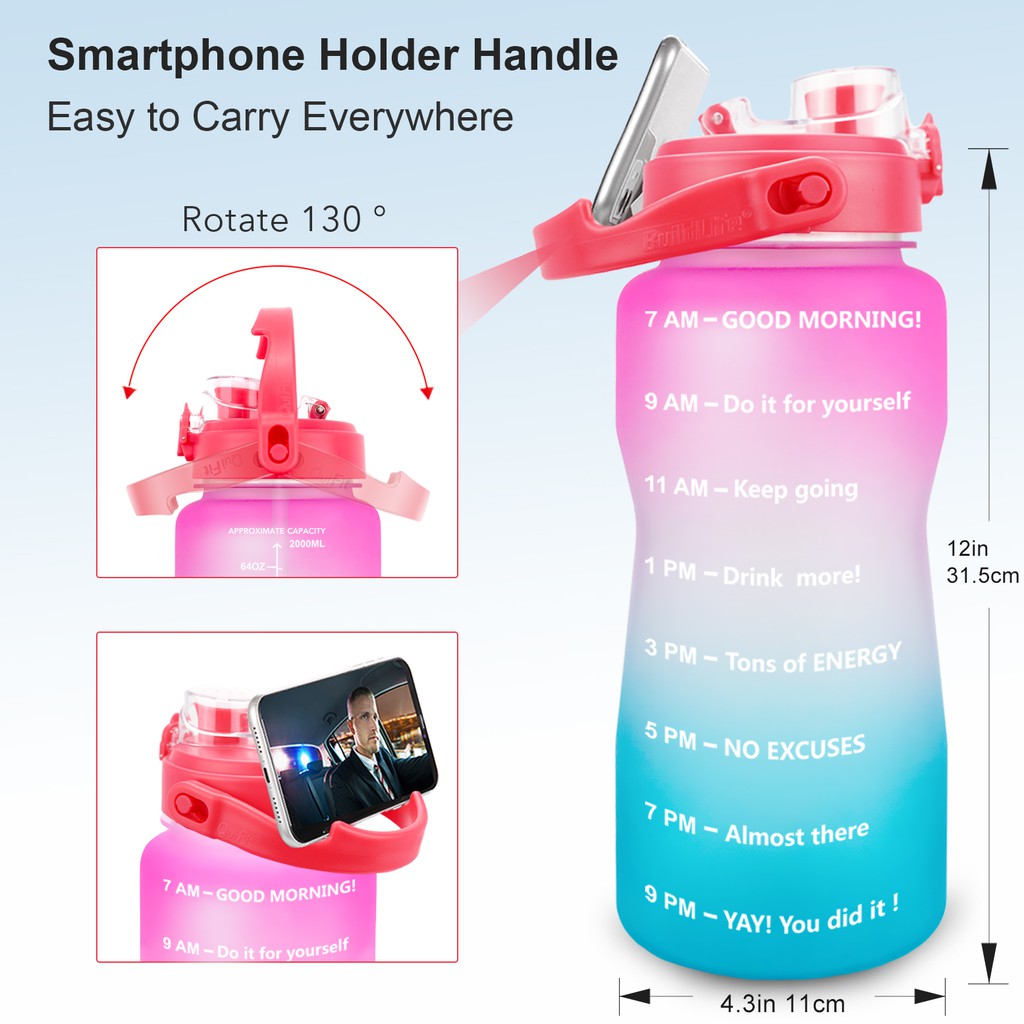 QuiFit 2L Wide Mouth Tritan Water Bottle With Flip Lid Time Marker BPA