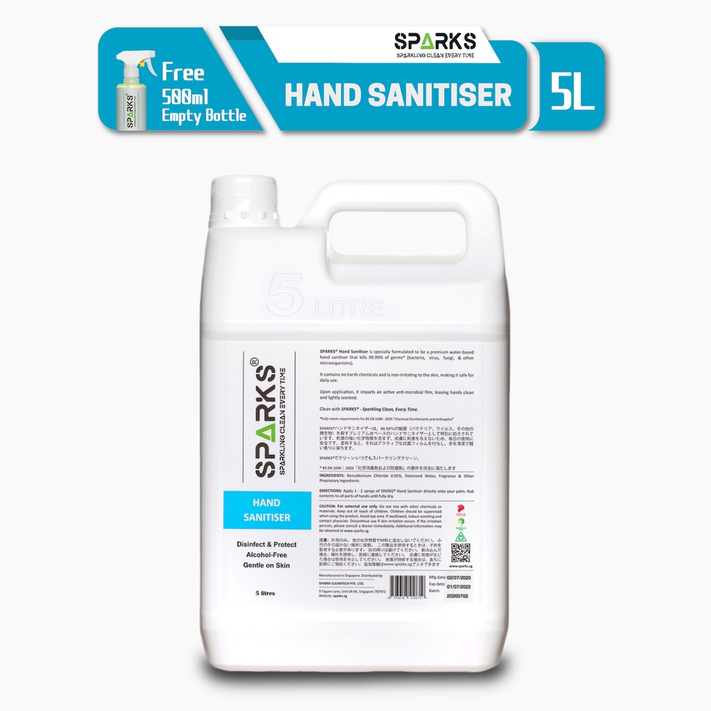 SPARKS Hand Sanitiser (5 Litres) | Free 500ml Empty Bottle with Spray ...