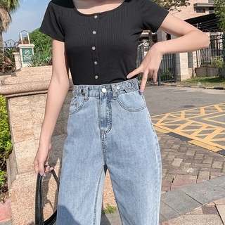 Image of Women's Korean Straight Leg Jeans Loose Plus Size Slim Adjustable Waist Denim Pants Plain