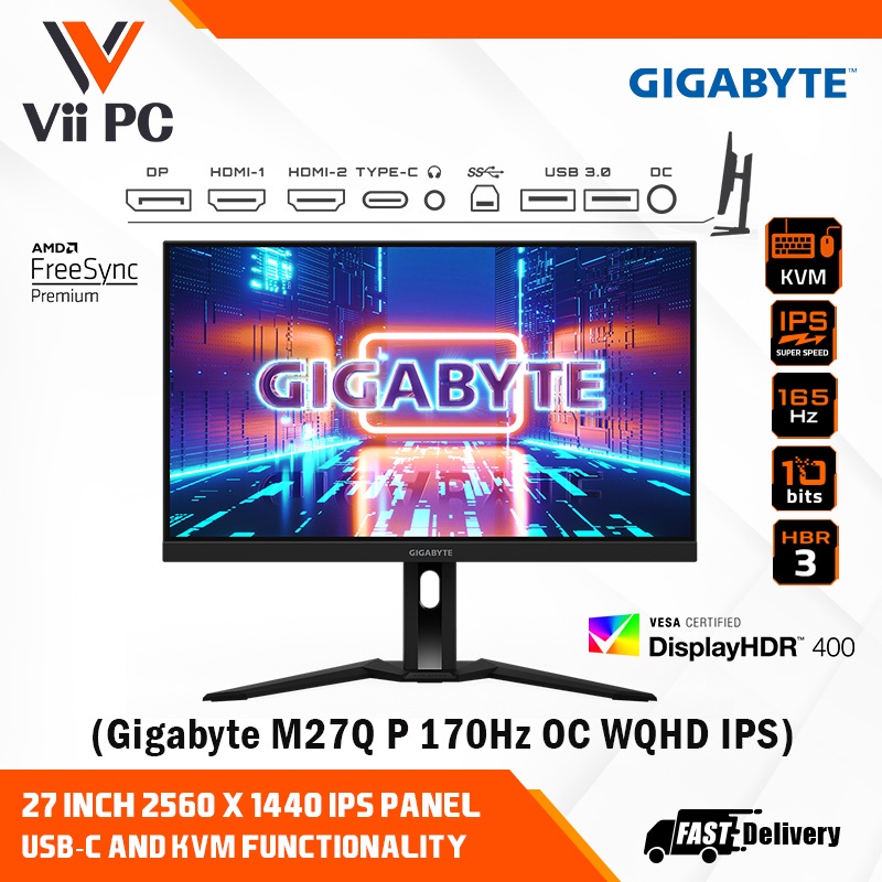 GIGABYTE M27Q P 27" IPS QHD KVM HDR400 170Hz OC 10BIT Color 1MS Gaming ...