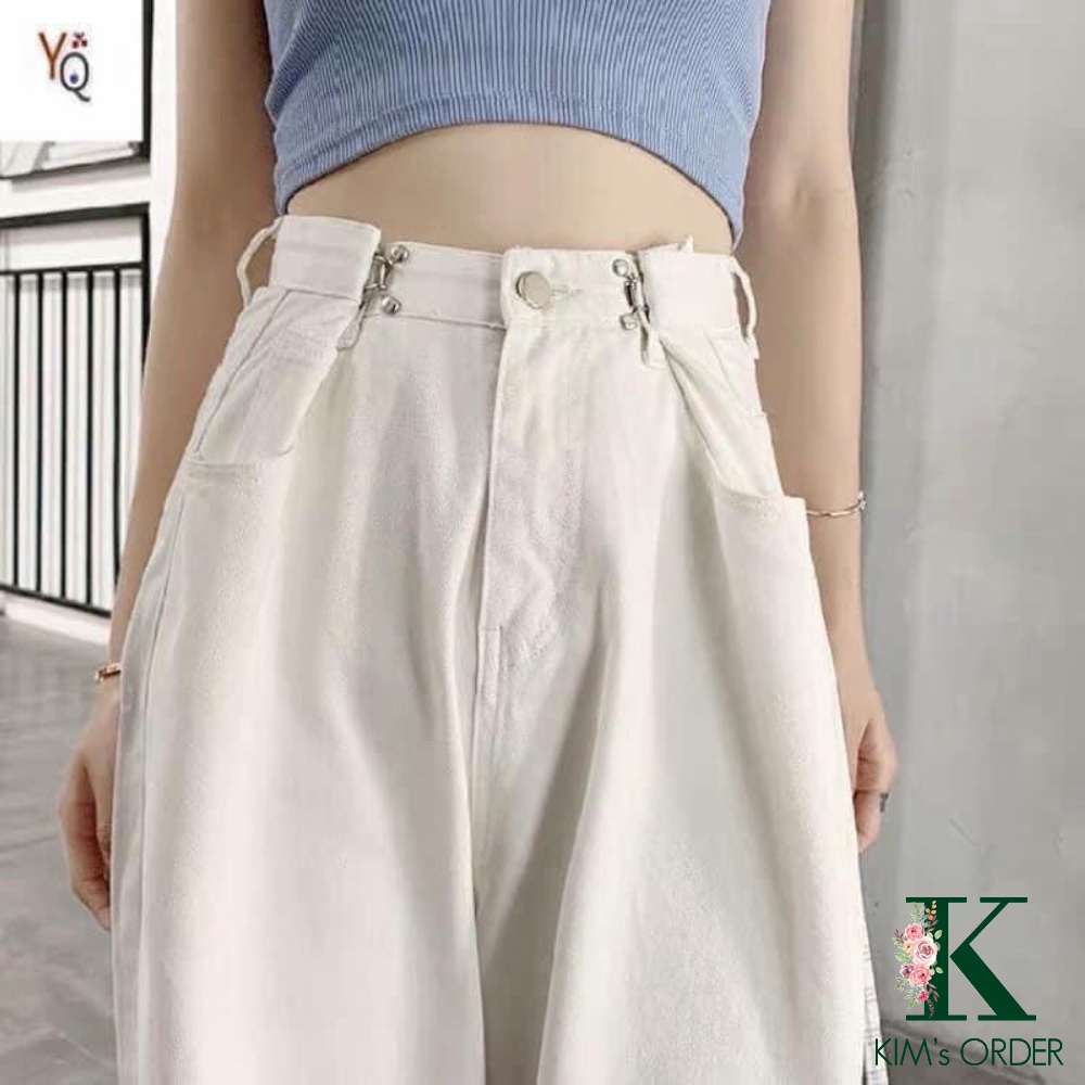 Quần jeans nữ phối khuy gài eo cạp cao ống suông rộng phong cách Ulzzang Hàn Quốc hai màu đen trắng 