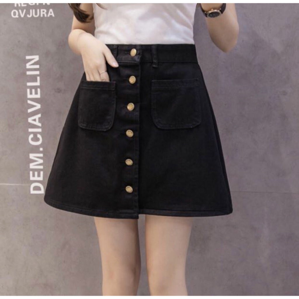 button down black denim skirt