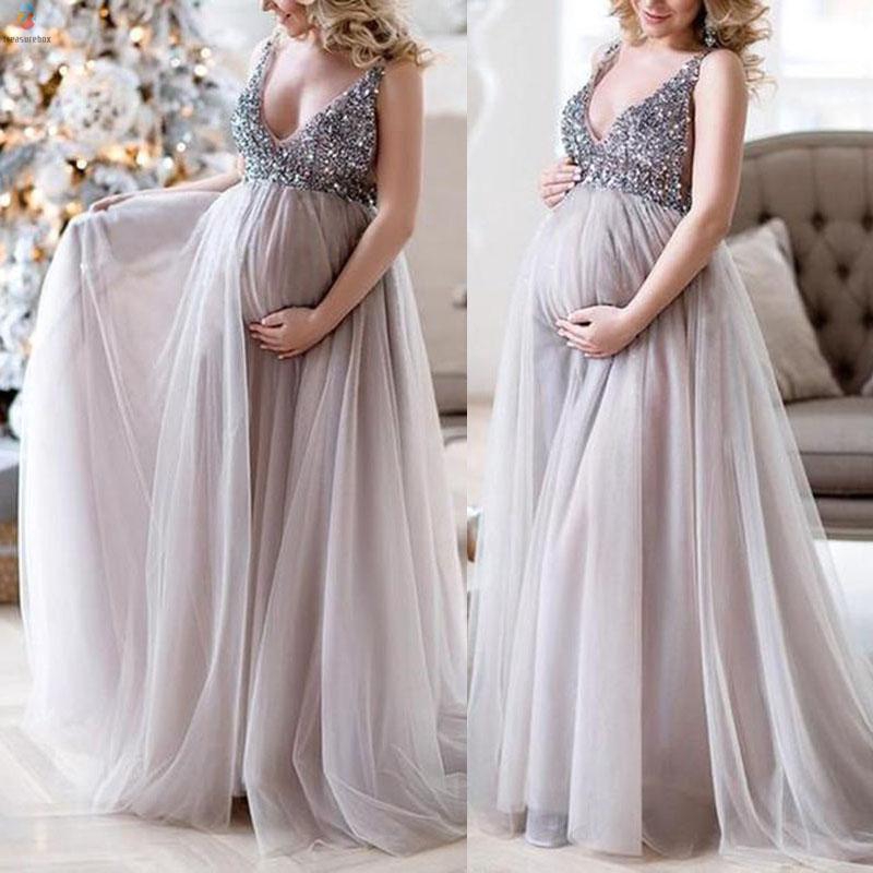 Glitter Sequins Dress Pregnant Women V Neck Sleeveless Summer Elegant Vogue A Line Casual Party Maxi Long Dress Shopee Singapore