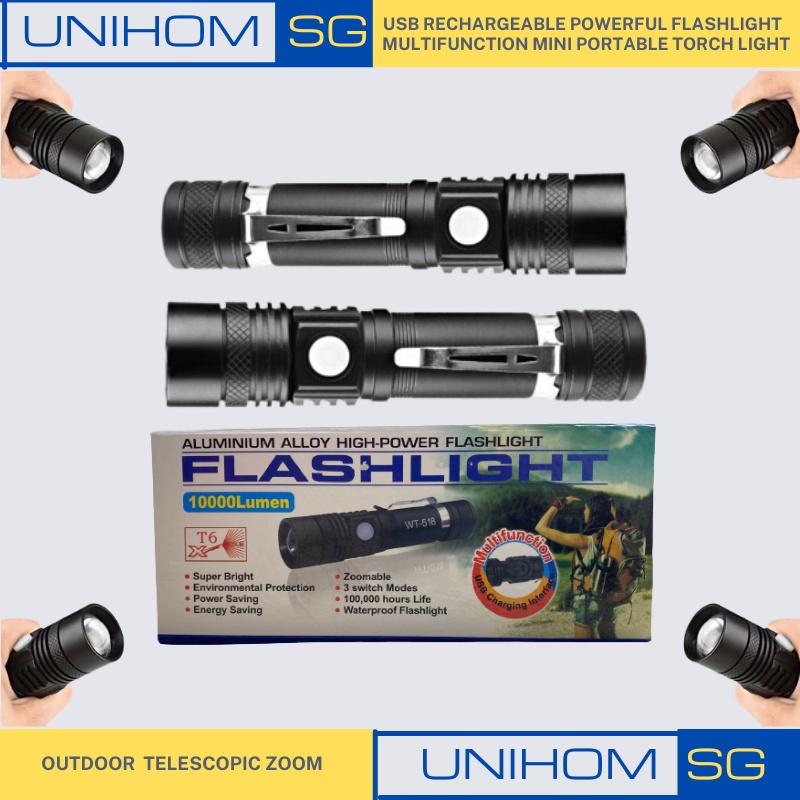 UnihomSG[ReadyStock] USB Rechargeable Powerful LED Zoomable Flashlight