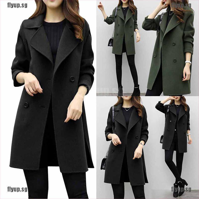 Women Winter Warm Trench Woolen Parka Long Slim Coat Outwear Long Lapel Jacket