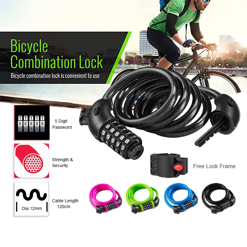Evokk Red,Blue,Green & Black 4 Digit Combination Bicycle Lock Bicycle Spiral Steel 