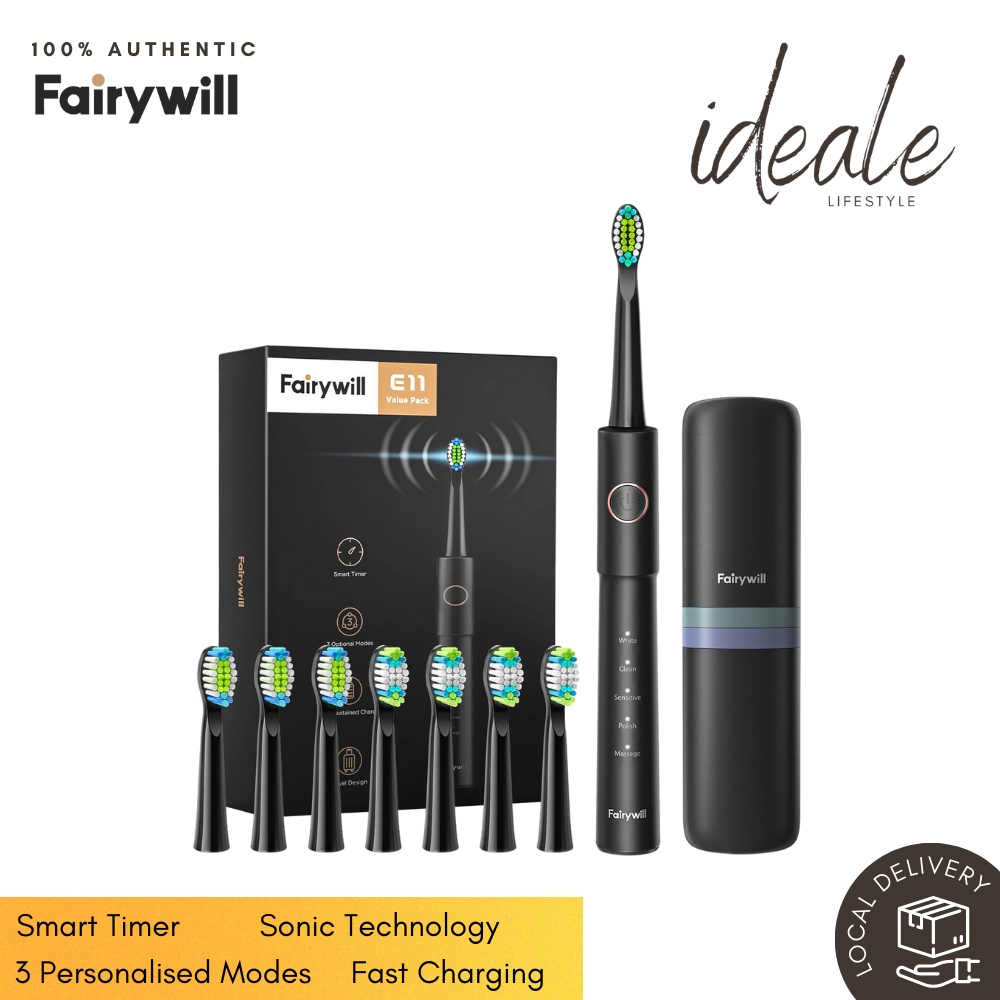Fairywill E11 Sonic Electric Toothbrush with 8 Brush Heads & Travel Case 1 Year Warranty