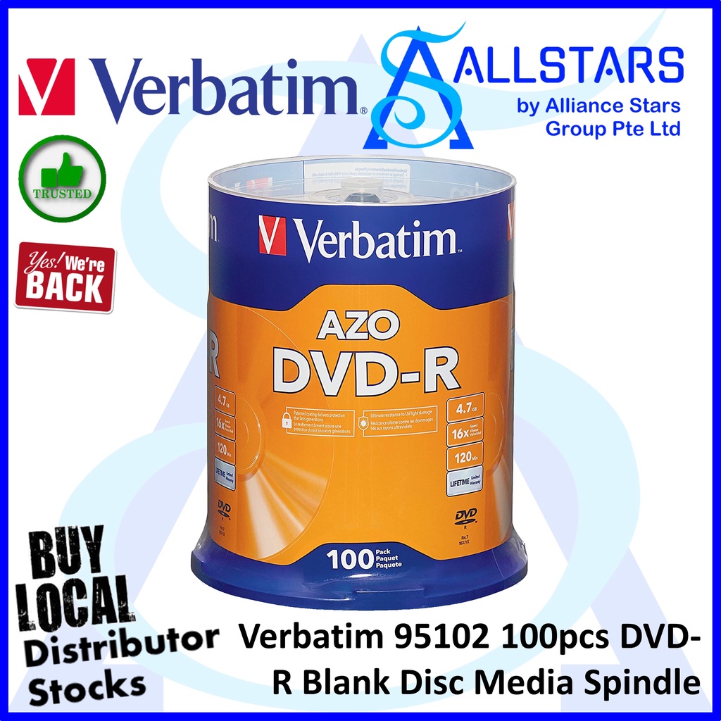 Verbatim 95102 100pcs DVD-R Blank Disc Media Spindle / 4.7GB / 16X ...