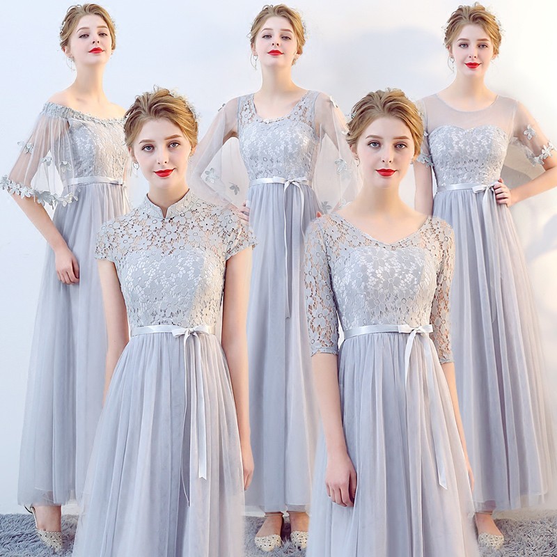 Elegant Gray Wedding Dinner Evening Maxi Dress Gown Bridesmaid