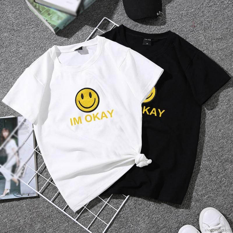 Women S Casual Round Neck Letter Print Short Sleeve Loose Pullover T Shirt Shopee Singapore