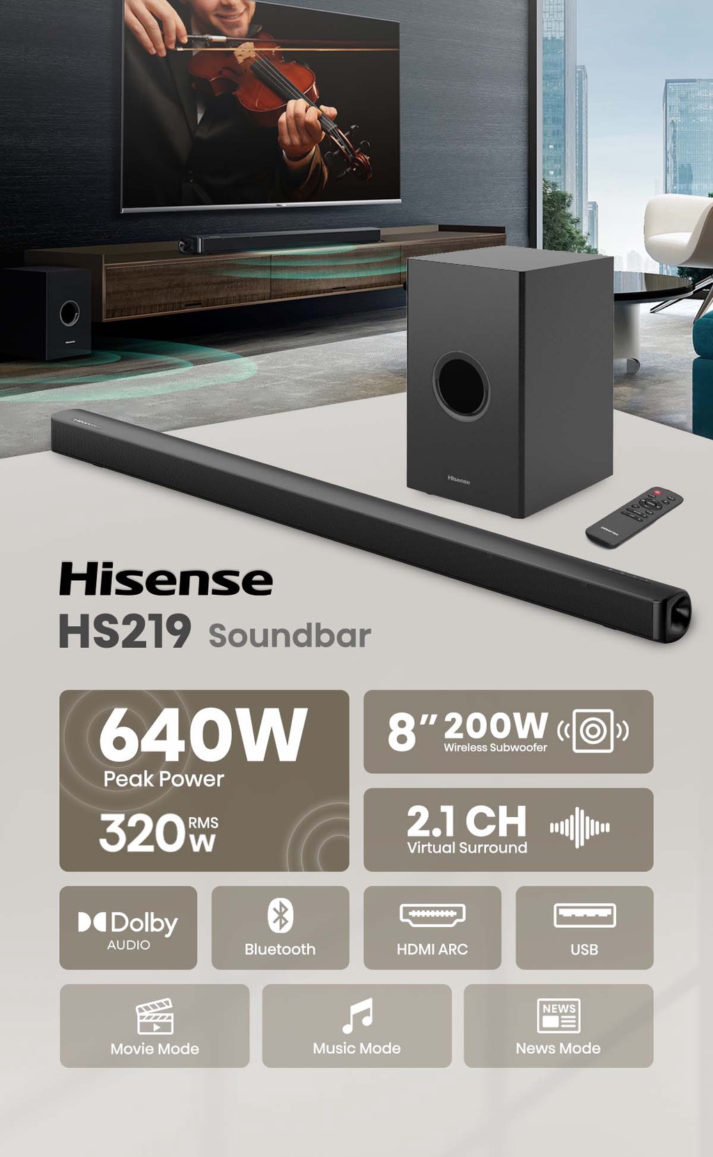 Hisense HS219 2.1CH Soundbar 640W Dolby Audio 8" 200W Wireless