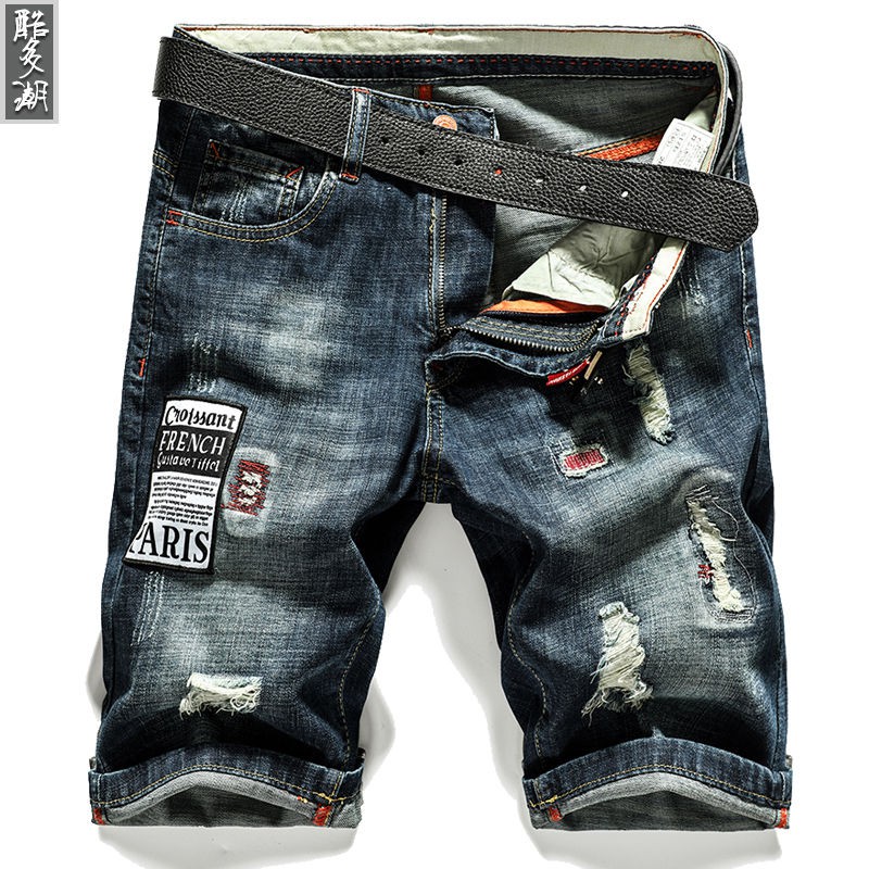  Celana  pendek denim lelaki  musim panas lurus slim fit 