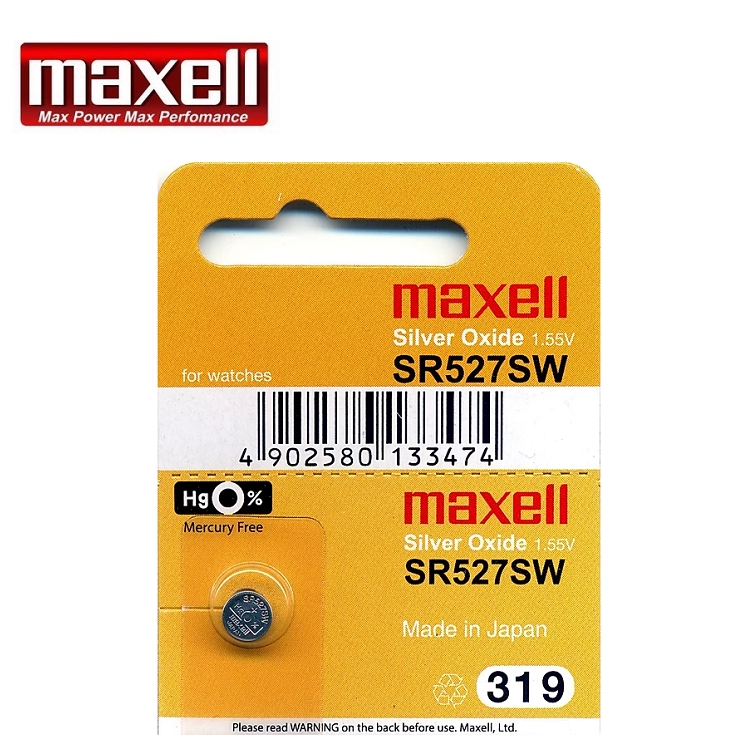 2 x Maxell 319 Pila Batteria Orologio Mercury Free Silver Oxide SR527SW 1.55V 