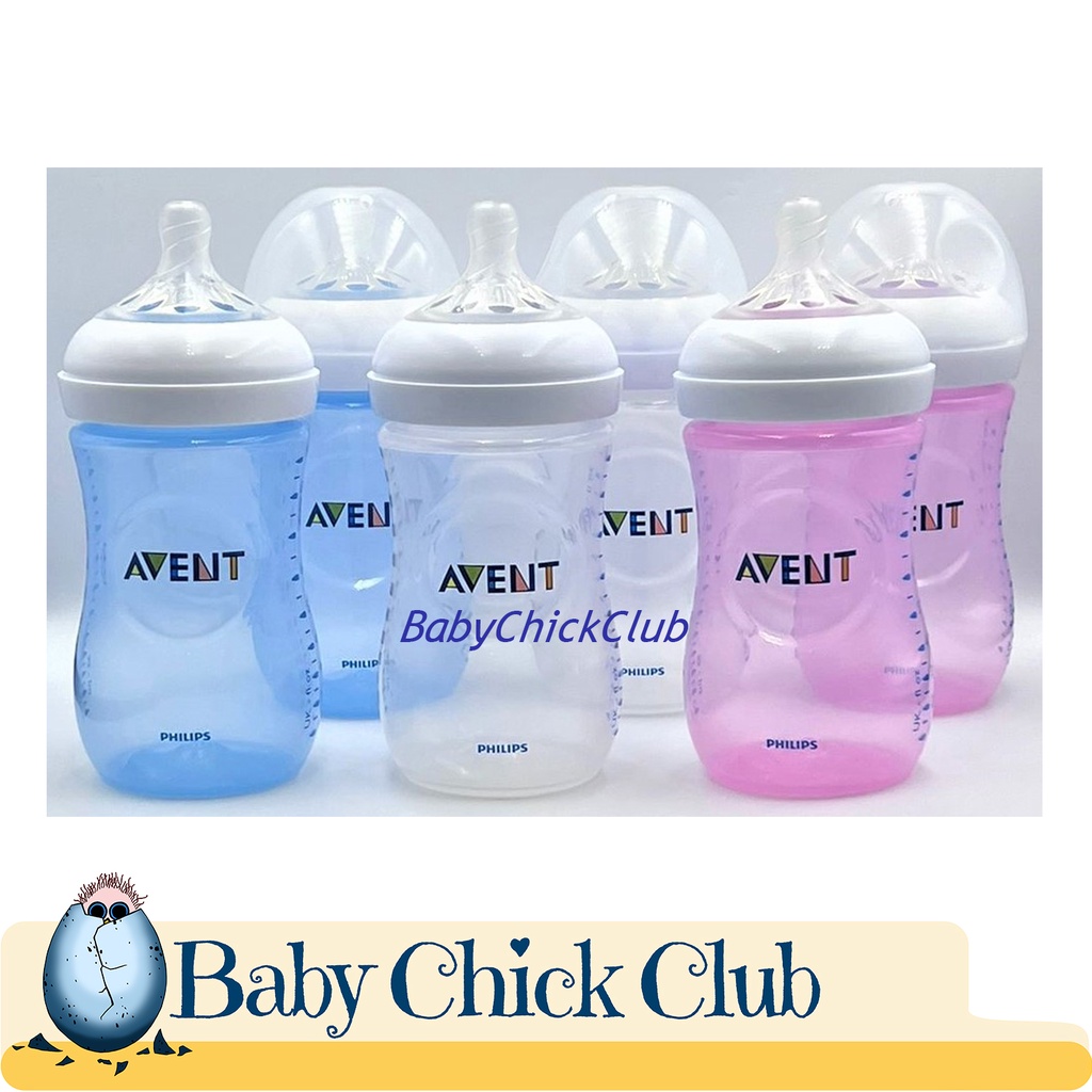 Philips Avent Natural Baby Bottle Clear Pink Blue 9oz / 260ml Twin Pack with 1m+ Slow Flow Nipple