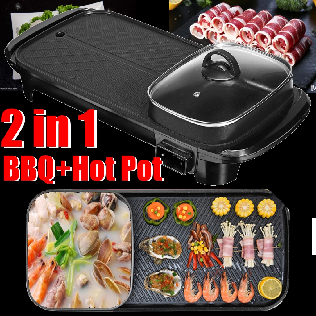 Electric 2 in 1 Hotpot Barbecue Pan Grill Teppanyaki Hot Pot Steamboat ...