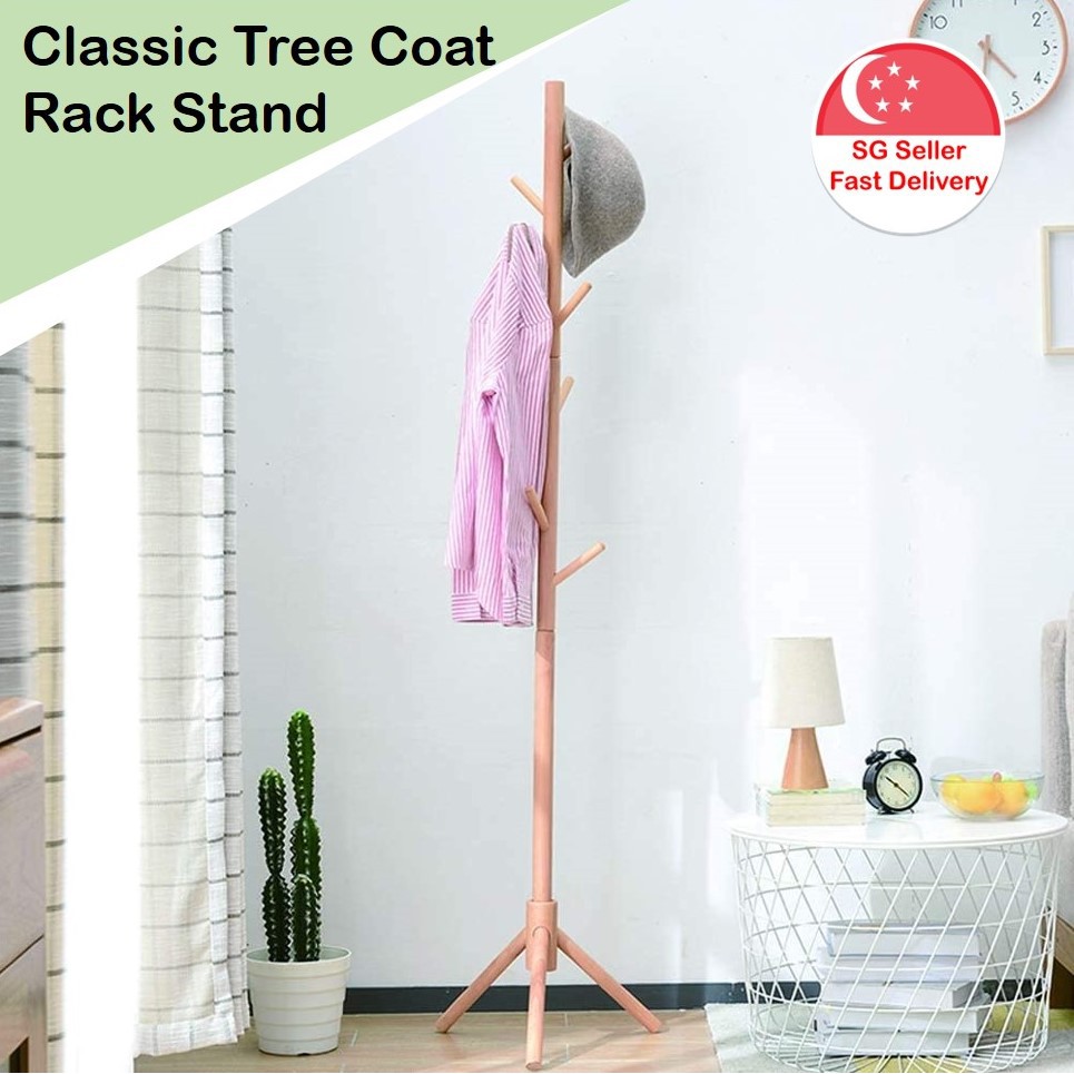 Clothes Hanger Stand Wooden Tree Coat Rack Free Standing Stand 8 Hooks