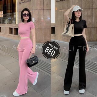 [New Model] Set Of Flared Pants With Short Sleeve Croptop Shirt Genuine T-shirt Suitable For Wearing To Work Out