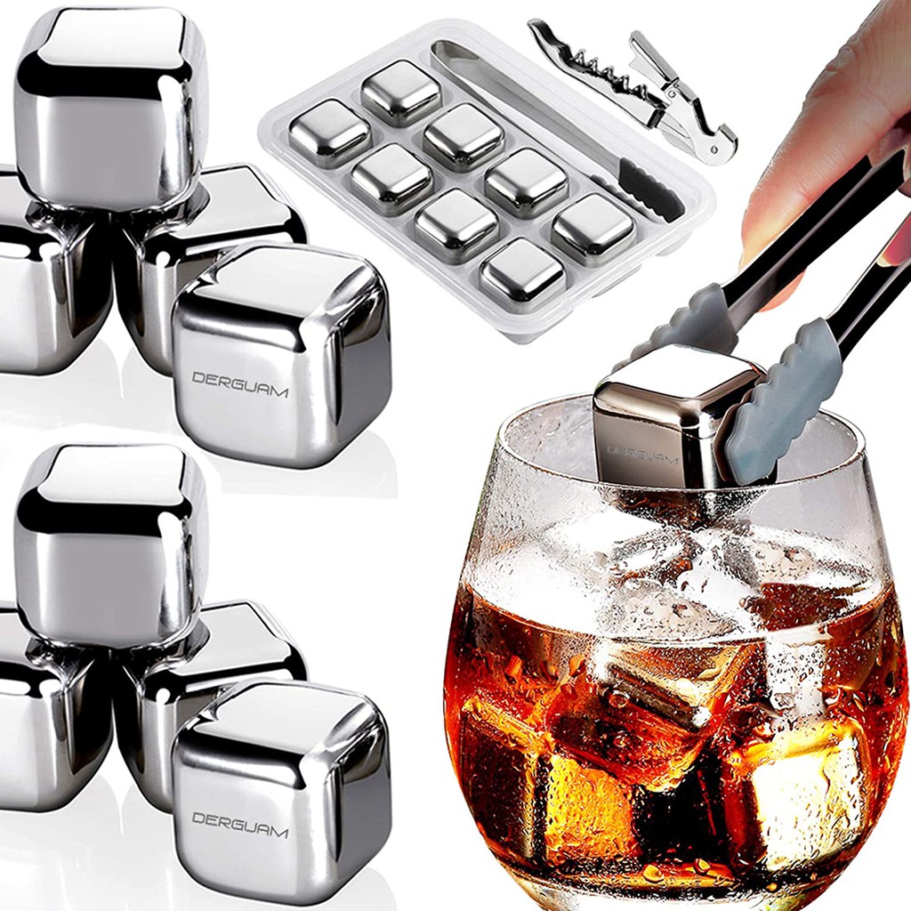 Wine Whiskey Stones,Reusable Stainless Steel Ice Cubes,Whisky Chilling Rocks Metal Ice with Tongs and Freezer Storage Tray forWhiskey Cocktails or any Drinks Silver, 4 