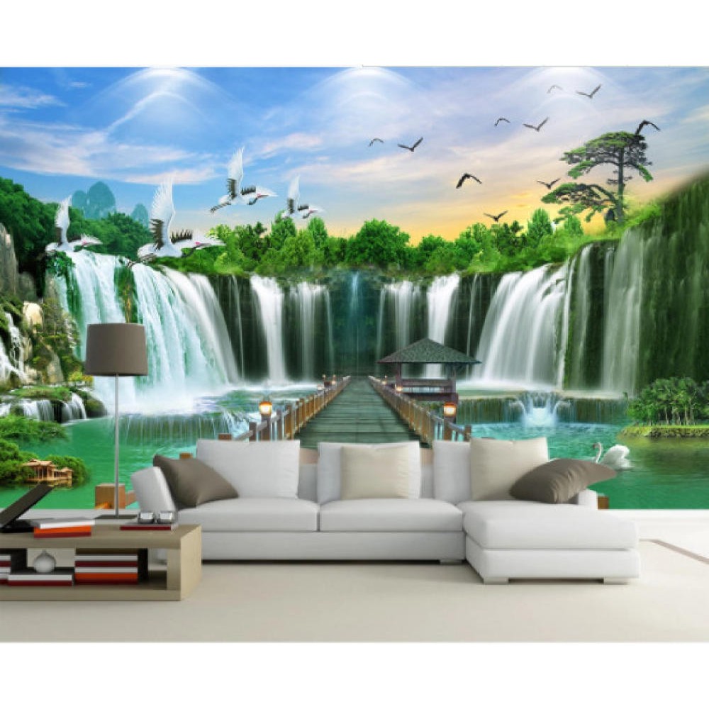 Self-Adhesive Mural welcoming pine waterfall Feng Shui landscape water  flowing wealth landscape painting background wall paper | Shopee Singapore