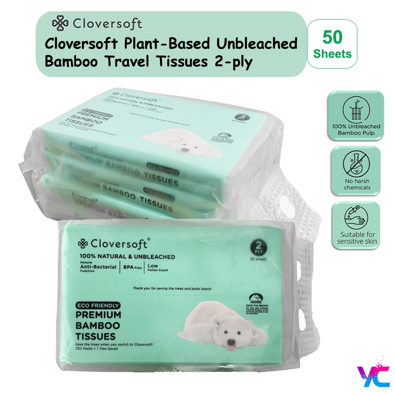 Cloversoft Plant-Based Unbleached Bamboo Travel Tissues 2-Ply 50 sheets ...