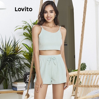 Image of Lovito Plain Cami Tops Pit Strip Lounge Sets L02031 (Gray/Green/Pink)