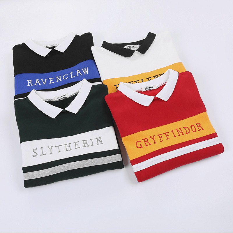 fashion letter gryffindor print colorblock lapel collar long sleeve pullover sweatshirt