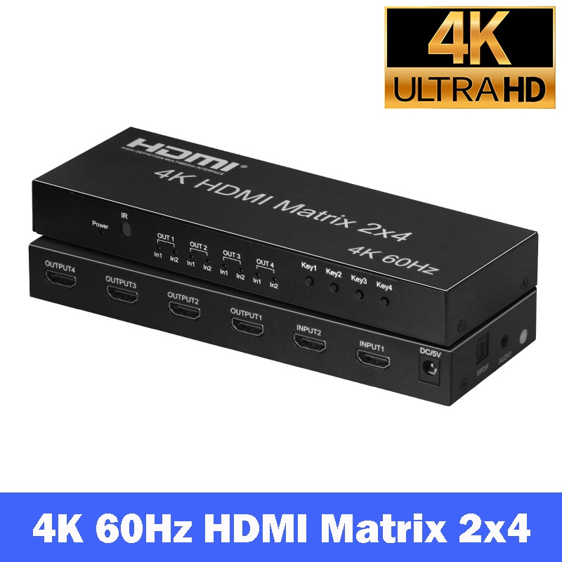 4K60Hz HDMI Matrix 2x4 Audio Extractor Switch SPDIF 3D 2 In 4 Out 4K