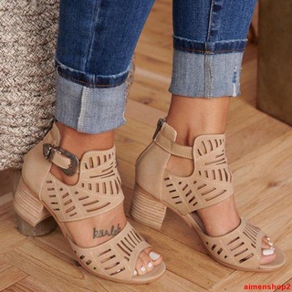 Womens Short Chunky Heels Sandals Cute Strappy Open Toe Zipper Casual Roman Shoes 