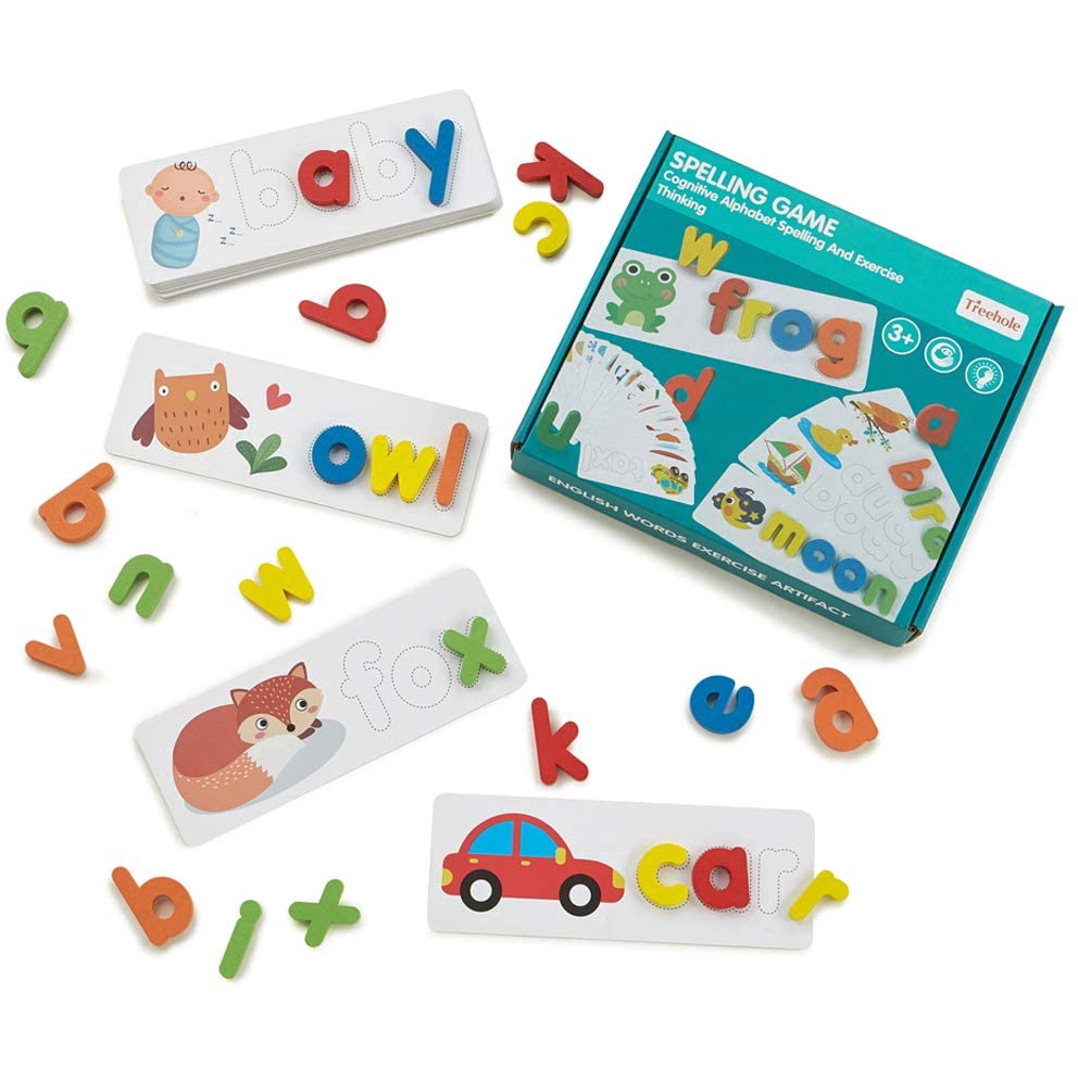 See Spelling Learning Toy Wooden Educational Developmental Toy Develops Vocabulary and Spelling Skills with 28 Double Sided Cognitive Cards and 52 Letters Great Gift for 4-6 Years Girl Boy 