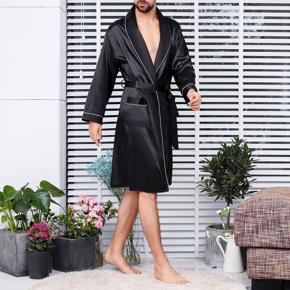 5XL Men Satin Silk Strap Kimono Pajamas Loose Bathrobe Robe Gown Nightwear